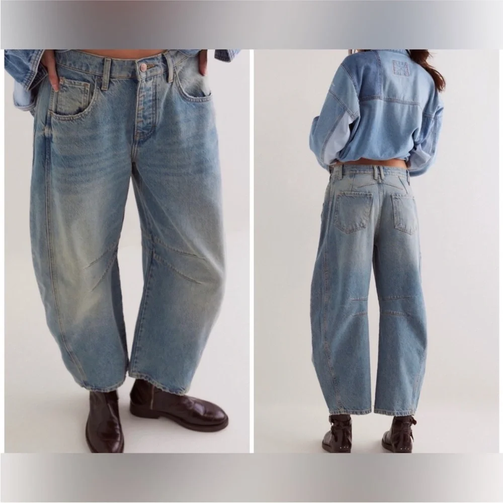 NWT Free People We The Free Good Luck Mid-Rise Barrel Jeans kismet blue - 28 *IR